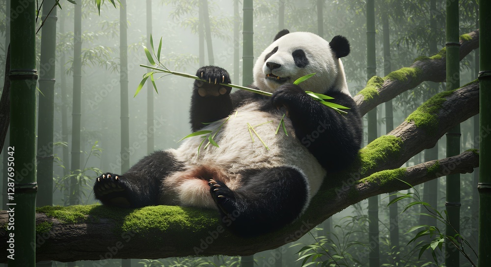 Obraz premium Panda lounges eating bamboo in lush green bamboo forest