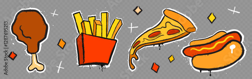 Graffiti street food icons on transparent background. Fast food elements - fried chicken leg, french fries box, pizza slice, hot dog with mustard. Urban sketch wall art design with rough texture.
