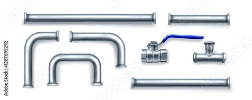 Metallic plumbing pipes and fittings set - straight segments, curved sections, ball valve with blue handle, tee connector. Realistic 3d chrome elements of water supply system for construction design.