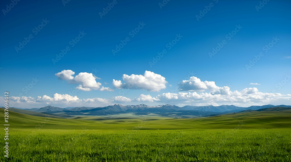 Fototapeta premium Vast Green Field with Distant Mountains under a Blue Sky