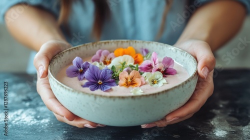 Woman's Hands Holding Bowl of Pink Smoothie Topped with Colorful Pansies