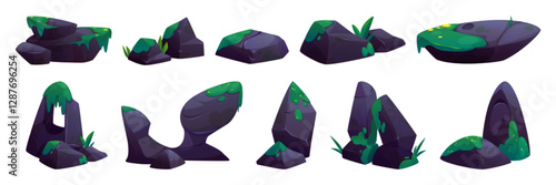 Purple rock collection with green moss - natural stone assets in cartoon style for game environment. Scenic boulders covered with grass patches, vegetation leaves for fantasy landscape design.