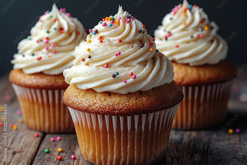 Cupcakes with sprinkles on wood table, close-up view. Confectionery product shot Cupcakes with sprinkles on wood table, close-up view. Confectionery product shot