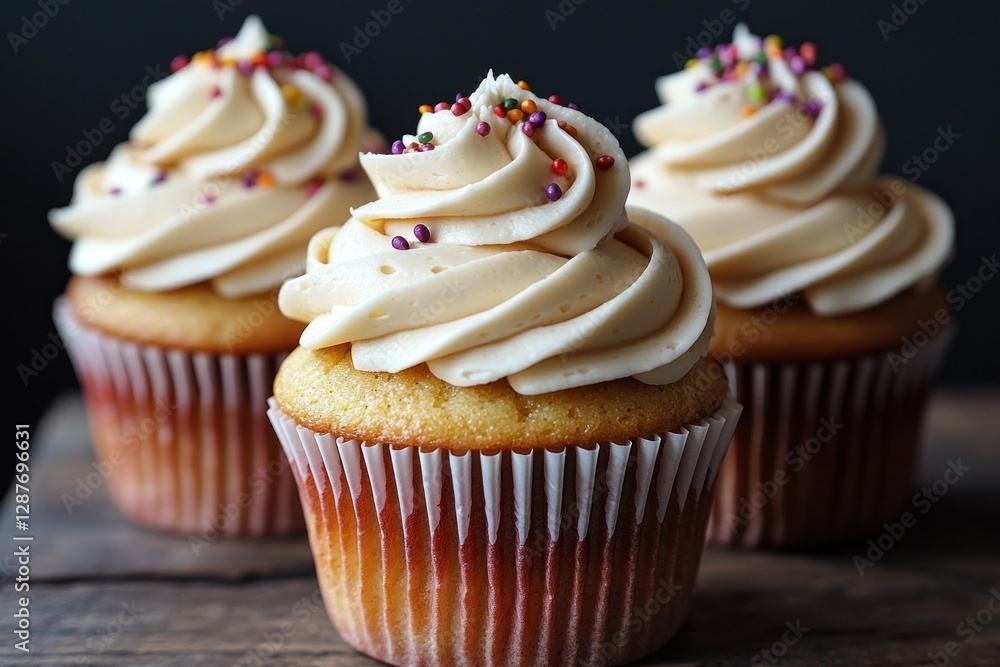 Cupcakes with frosting and sprinkles on wood table. Bakery background for dessert Cupcakes with frosting and sprinkles on wood table. Bakery background for dessert