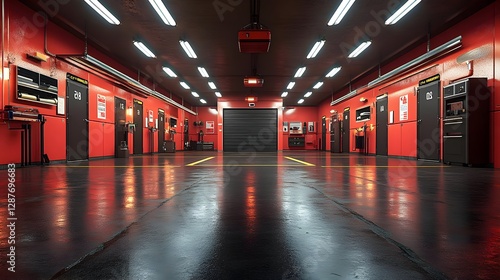 A Red Interior Fire Station Garage Is Empty Now