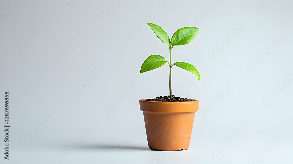 A small green plant growing vibrantly in a decorative pot on a bright background A small green plant growing vibrantly in a decorative pot on a bright background