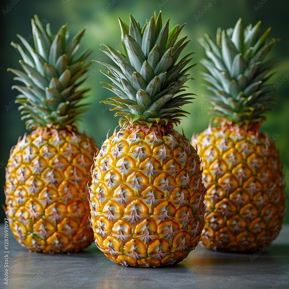 Three pineapples in a row against green forest background. Summer food concept Three pineapples in a row against green forest background. Summer food concept