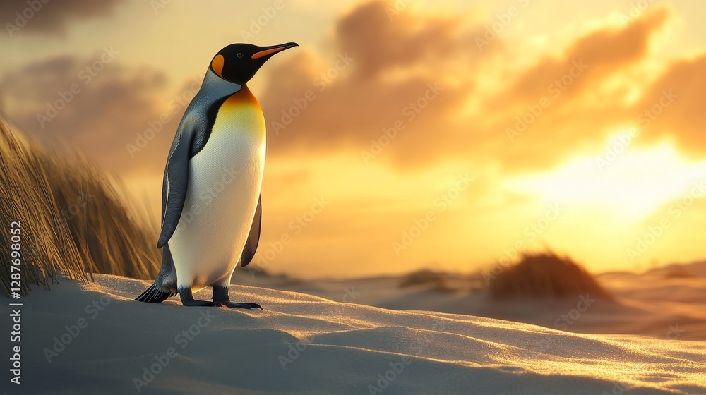 Obraz premium Solitary king penguin standing on sandy beach at golden sunset with dramatic sky. Wildlife and nature exploration concept