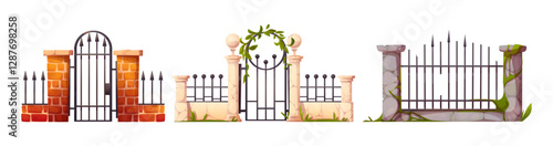 Cartoon iron gates with stone and brick fence set. Garden entrance with metal railings, marble pillars, wrought spikes, green creeping leaf and moss elements. Architecture barrier construction.