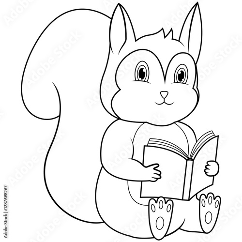 A cartoon of a squirrel reading a book line art