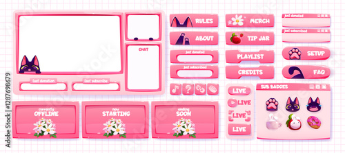 Girly game stream frames set isolated on background. Vector cartoon illustration of pink app windows and menu buttons, cute cat, donut, flower icons, empty borders, live broadcast user interface