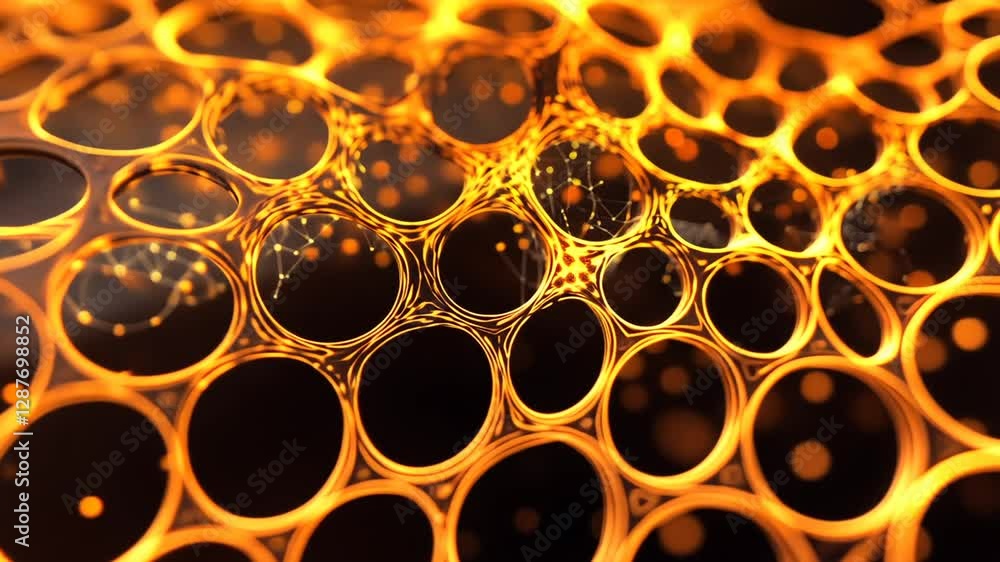 Abstract orange and yellow glowing cellular structures with networked connections on a dark background. Abstract orange and yellow glowing cellular structures with networked connections on a dark background.