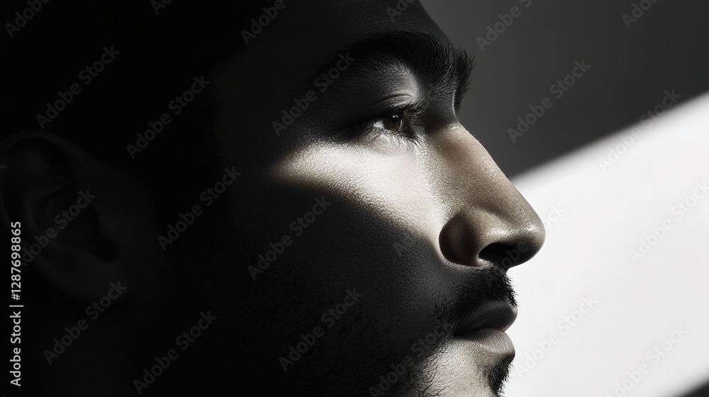 Profile Portrait of a Young Man with Dramatic Light and Shadow Profile Portrait of a Young Man with Dramatic Light and Shadow