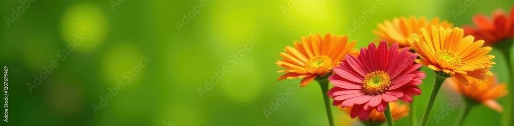 Bright and cheerful gerbera daisies in full bloom against a stunning green background, nature, sunny garden, blooms Bright and cheerful gerbera daisies in full bloom against a stunning green background, nature, sunny garden, blooms