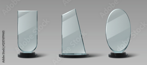 Glass award mockups set isolated on background. Vector realistic illustration of abstract shape transparent plastic or acrylic prize, light reflection on blank surface, competition winner trophy