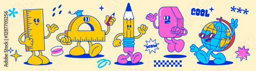 Groovy school supplies cartoon characters. Cheerful retro anthropomorphic stationery items with expressive faces and gestures walking and standing. Vibrant vintage funny mascot for educational design.