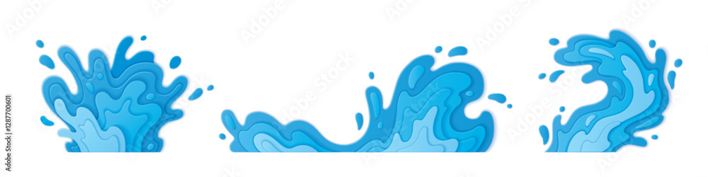 Blue 3d water splash paper cut design with layered waves, flowing curves, and dynamic droplets. Aquatic motion effect from stacked sheets. Clean modern graphic for summer promotions, beverage package. Blue 3d water splash paper cut design with layered waves, flowing curves, and dynamic droplets. Aquatic motion effect from stacked sheets. Clean modern graphic for summer promotions, beverage package.