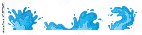 Blue 3d water splash paper cut design with layered waves, flowing curves, and dynamic droplets. Aquatic motion effect from stacked sheets. Clean modern graphic for summer promotions, beverage package.