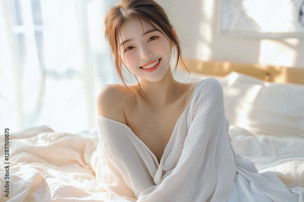 Beautiful Asian girl with a bright smile in bedroom in the morning Beautiful Asian girl with a bright smile in bedroom in the morning