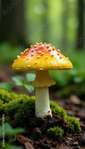 Bright yellow orange Amanita Pantherina cap on white ground, forest floor, pantherina, nature photo