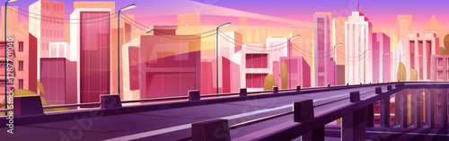 Evening cityscape with modern buildings and flyover road. Vector cartoon illustration of urban view with housing and office skyscrapers and bridge highway under sunset sky, transport infrastructure