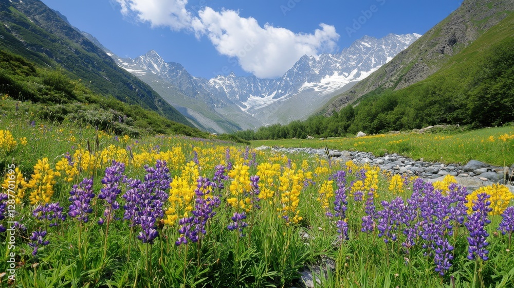 Fototapeta premium Bright yellow and purple wildflowers blooming in an untouched Alpine valley, with majestic peaks beyond