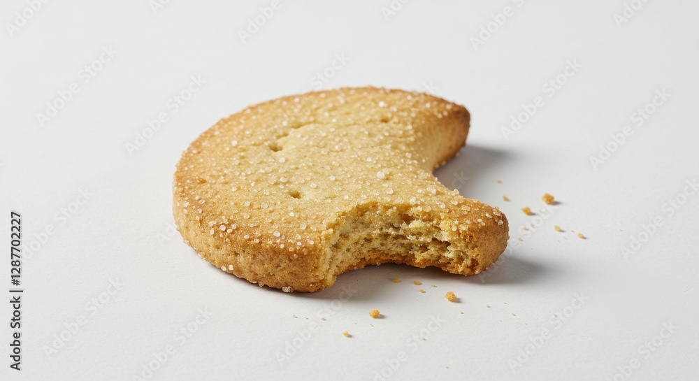 A partially eaten round cookie with a sprinkle of sugar on a white background