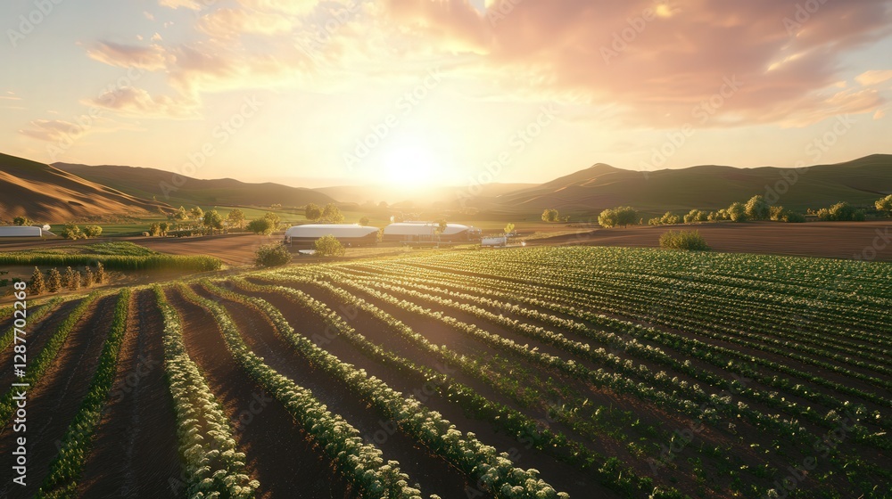 agricultural field where drones autonomously plant seeds, water crops, and harvest them at the perfect time. agricultural field where drones autonomously plant seeds, water crops, and harvest them at the perfect time.