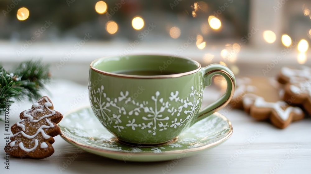 Christmas table with cup of green tea and gingerbread cookies. Christmas table with cup of green tea and gingerbread cookies.