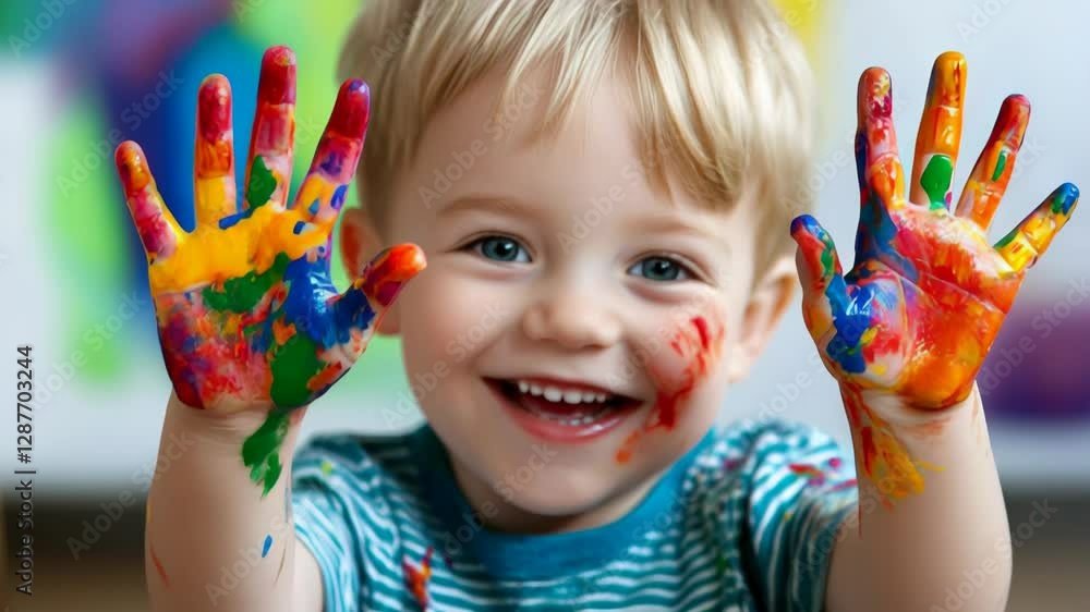 Cheerful Young Boy with Brightly Painted Hands Shows Joy and Creativity While Playing with Colors Cheerful Young Boy with Brightly Painted Hands Shows Joy and Creativity While Playing with Colors