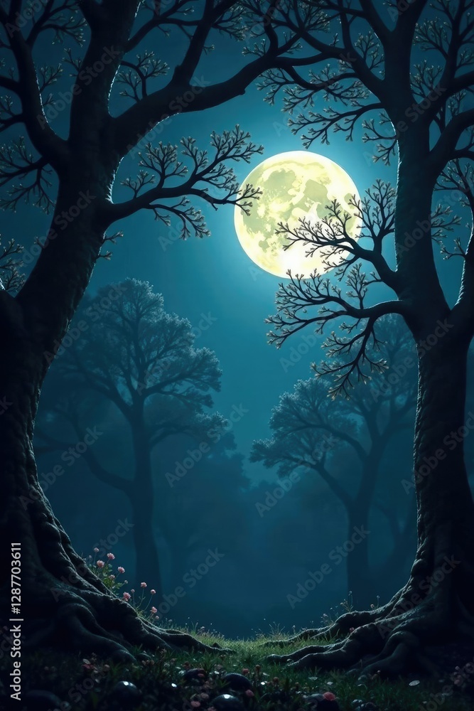 Fototapeta premium Full moon shining through the dense foliage of a forest with gnarling tree branches, lunar,, fur