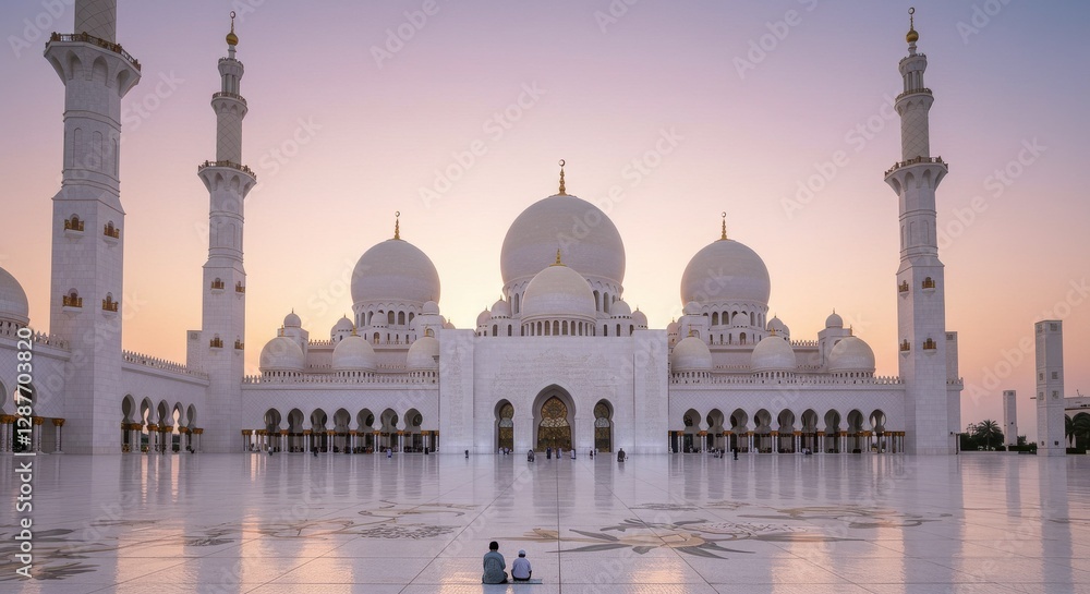 Obraz premium Serene Evening at Grand Mosque with Visitors Admiring Architectural Beauty