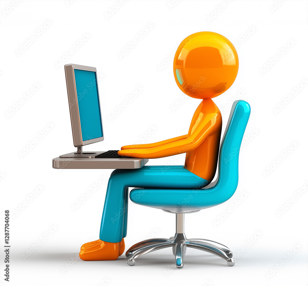 Online learning session featuring a cartoon character using a computer at a desk with a unique ergonomic chair Online learning session featuring a cartoon character using a computer at a desk with a unique ergonomic chair