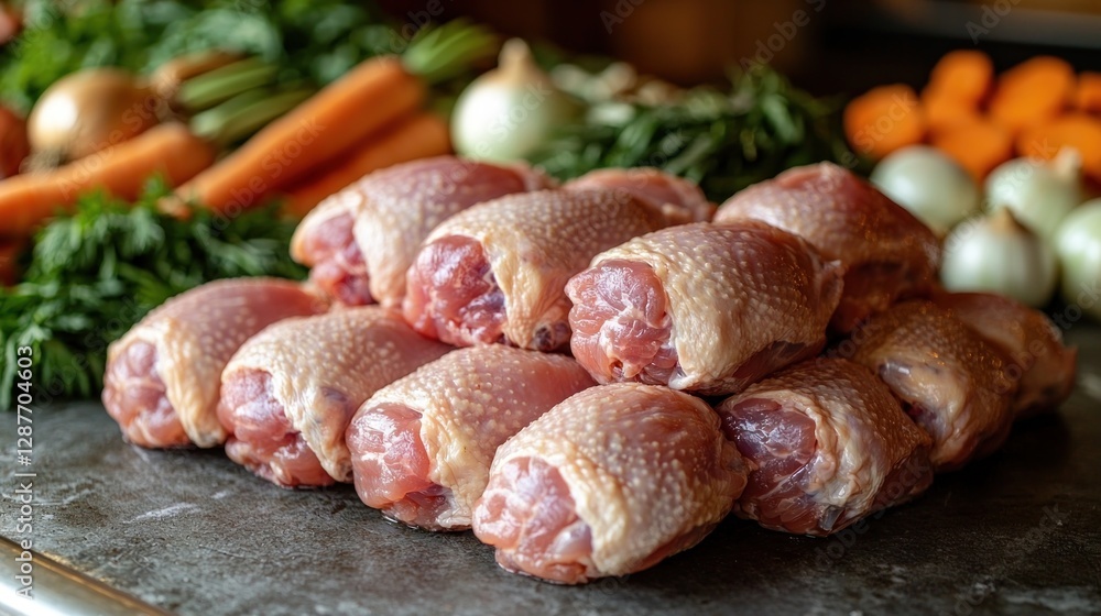 Chicken thighs displayed with carrots and onions for making a soup dish at home Chicken thighs displayed with carrots and onions for making a soup dish at home