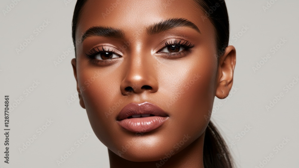 Fototapeta premium Close-up portrait of woman with glowing skin and soft glam makeup. Skin care treatment or cosmetic ads concept.