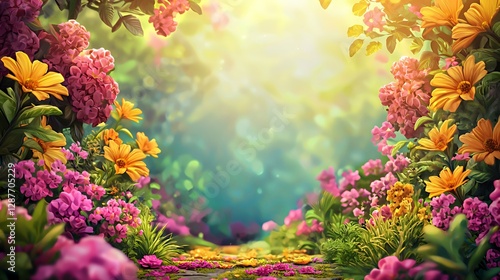 Vibrant Pink and Yellow Flowers Blooming Path in a Lush Garden