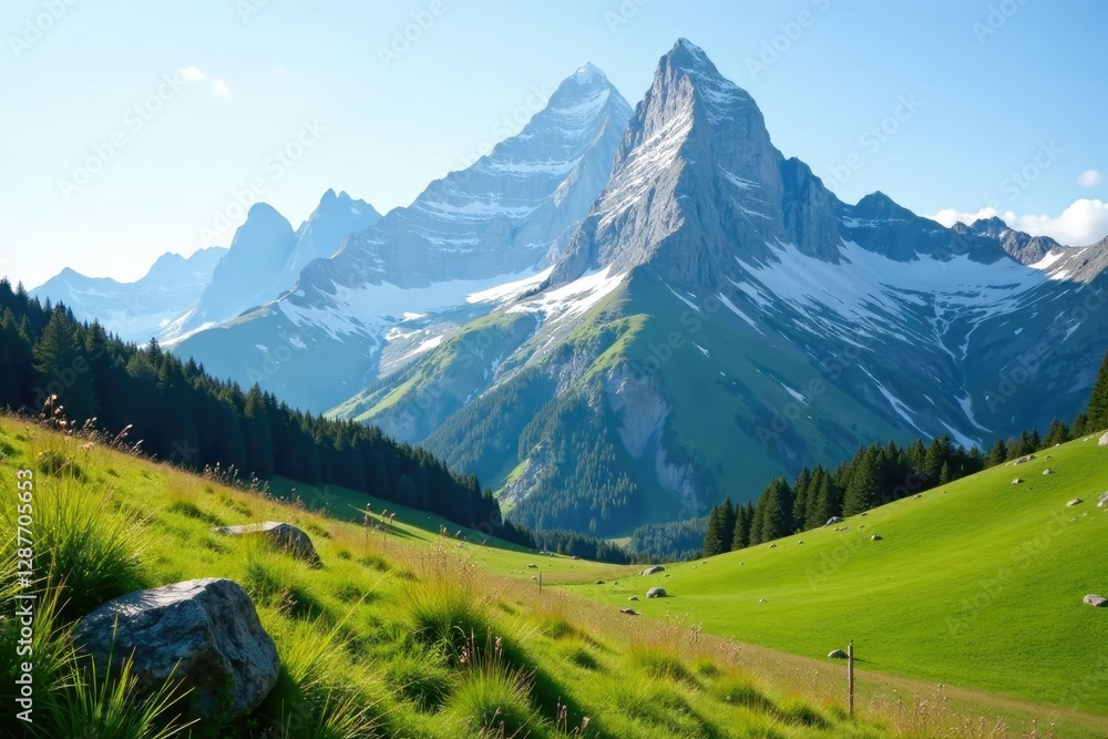 Majestic mountain peaks rise above a rolling meadow, wilderness, summit, scenery Majestic mountain peaks rise above a rolling meadow, wilderness, summit, scenery