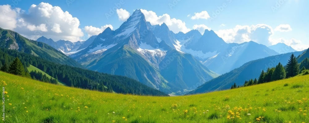Fototapeta premium Majestic mountain peaks rise above a rolling meadow, mountains, landscape