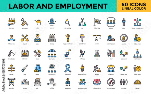 Labor and Employment icon set with shortage, technician, trolley, vacancy, job seeking, cut, labor flag, labour, labor, labour management icon. Simple lineal color vector 
