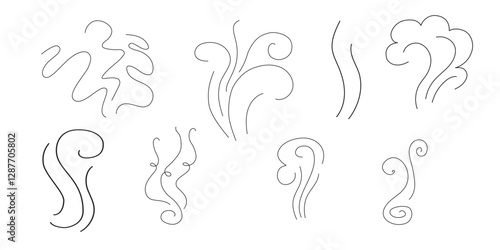 Steam and smoke lines icons set. Air wind and scent linear collection, heat waves or aroma from cooking food and hot coffee, gas and fumes. Steam swirls icons of doodle style vector illustration