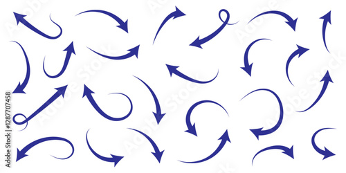 Air flow arrow. Set of blue arrow showing wind air flow. Vector set of air flow arrows. Blue air flow arrows showing wind circulation and ventilation.