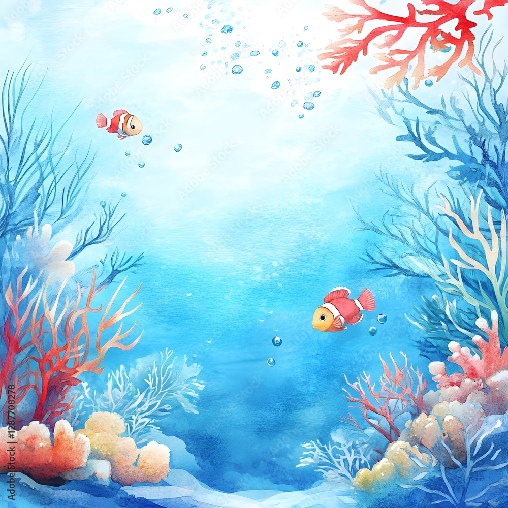 Fototapeta premium Watercolor Underwater Scene Featuring Vibrant Coral Reefs, Colorful Fish, and Soft Blue Tones – A Serene Ocean Vibe Captured in High Quality, Perfect for Artistic and Decorative Use