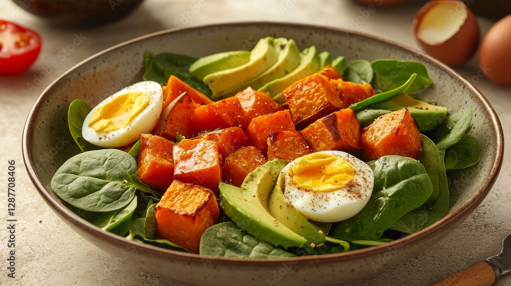Artisanal salad bowl presentation, honeyed sweet potato chunks, burst tomatoes, tender spinach leaves, rippled avocado fans, medium-boiled eggs, silky tahini streams, neutral stone surface, diffused Artisanal salad bowl presentation, honeyed sweet potato chunks, burst tomatoes, tender spinach leaves, rippled avocado fans, medium-boiled eggs, silky tahini streams, neutral stone surface, diffused