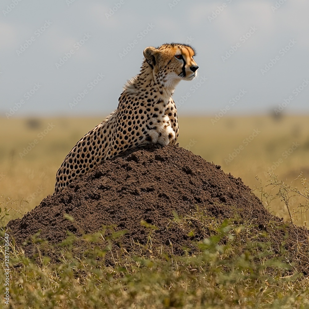Fototapeta premium Alert cheetah sits on a termite mound looking for prey in African grassland