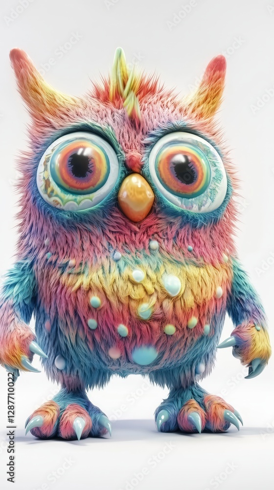 Naklejka premium Whimsical brightly colored owl creature with a fluffy texture and large mesmerizing eyes against a clean