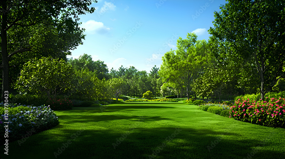 Fototapeta premium Lush Green Garden Landscape with Colorful Flowers and Sunlit Pathway