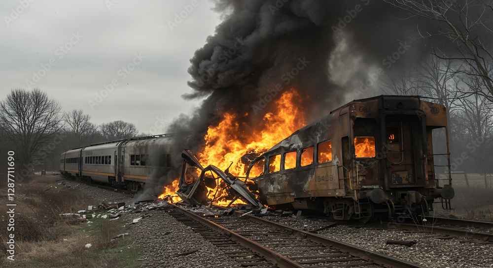 Fototapeta premium Train wreck with flames engulfing one of the passenger cars