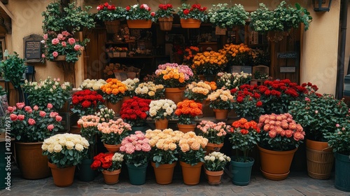 Wallpaper Mural Colorful flower shop display with various roses and dahlias in terracotta pots. Torontodigital.ca