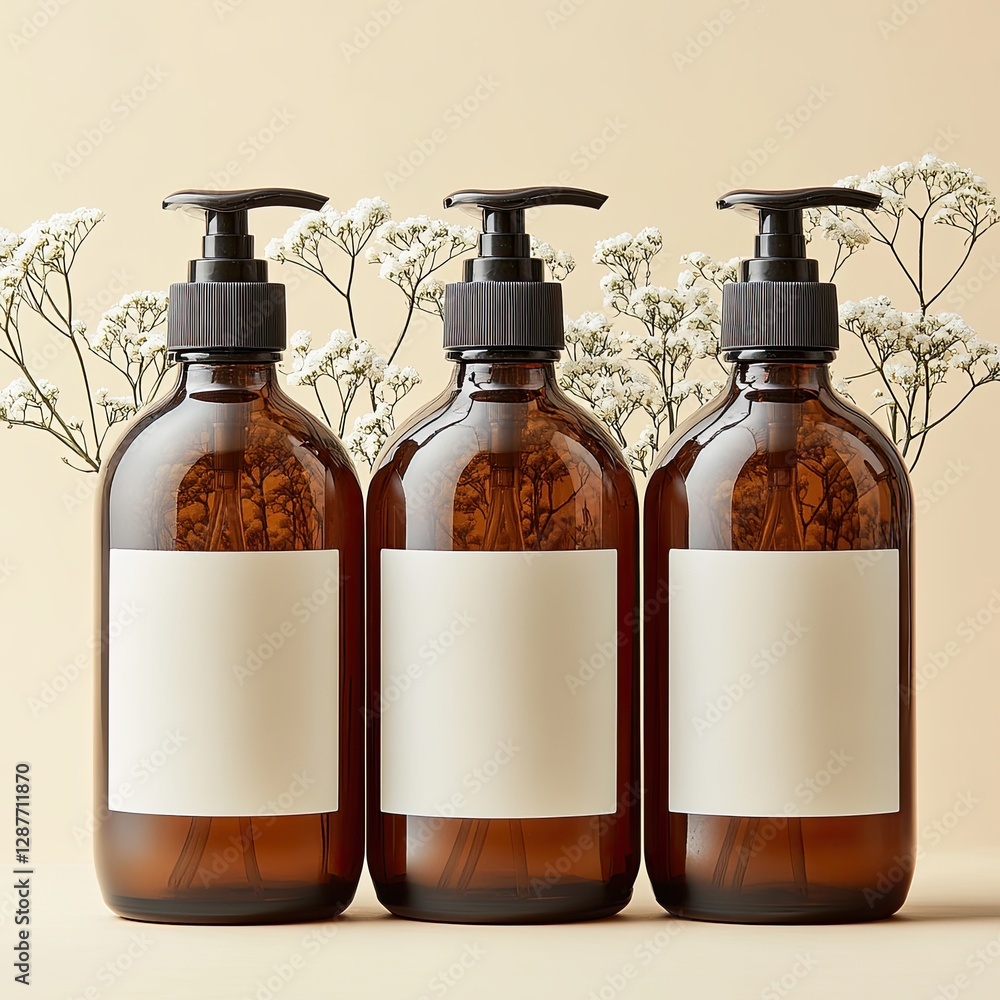Amber Glass Pump Bottles with Blank Labels and Floral Decor
Amber Glass Pump Bottles with Blank Labels and Floral Decor