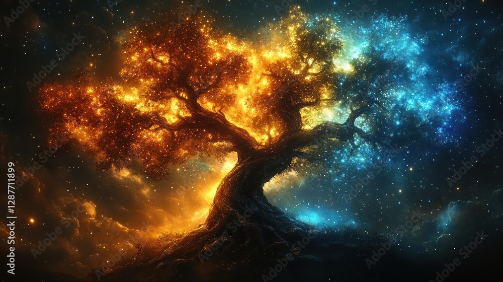 Fototapeta premium A majestic tree, half engulfed in fiery orange and half in cool blue, stands against a starry night sky.